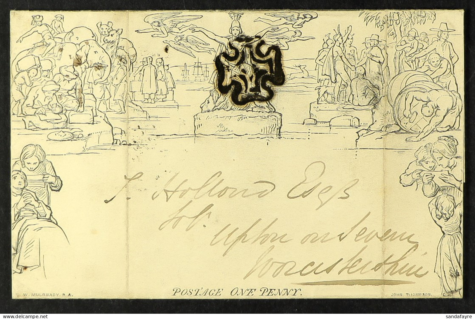 1841 (29 May) 1d Black Mulready Letter Sheet (A6), SG ME1, Sent From London To Upton On Severn With Black MC Cancellatio - Autres & Non Classés