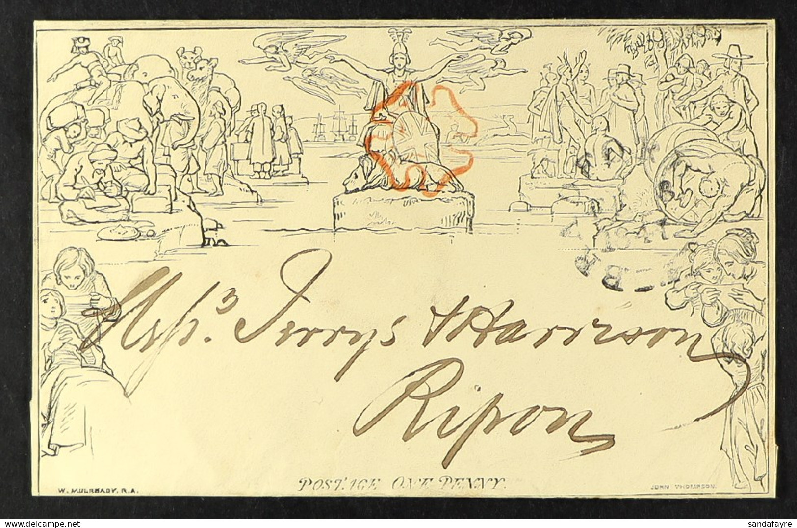 1841 (8 Feb) 1d Black Mulready Letter Sheet (A161), SG ME1, Sent From Keighly To Ripon With Fine Red MC Cancellation Wit - Sonstige & Ohne Zuordnung