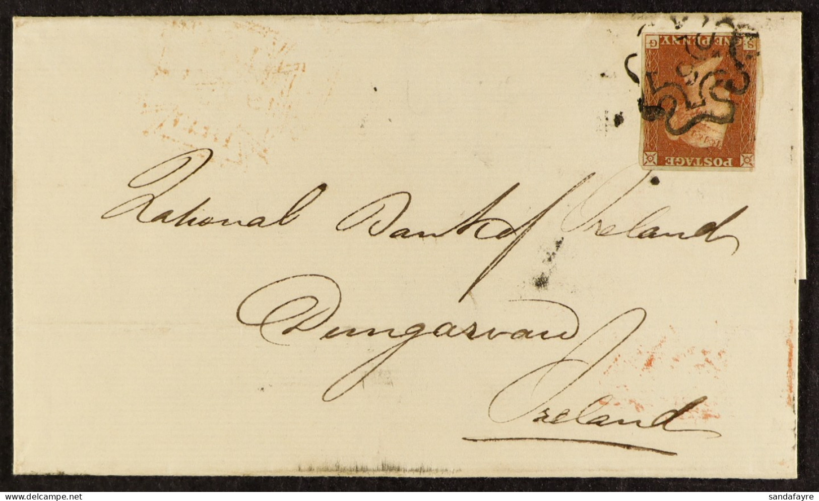 1841 1d Red Plate 34 (almost Four Margins), On Wrapper To Ireland Tied By Upright '6' In Maltese Cross. Cat. Â£425. - Autres & Non Classés