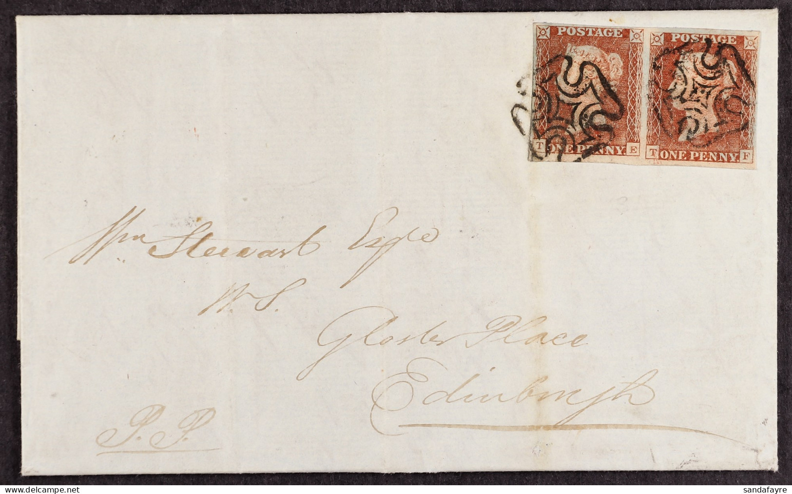 1841 1d Red-brown Plate 10 'TE/TF' Pair With 4 Margins Tied To Attractive EL To Edinburgh By Distinctive Greenock Maltes - Sonstige & Ohne Zuordnung