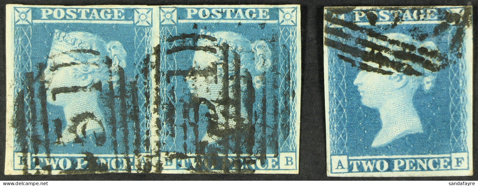 1841 2d Blue Pair With Strong Ivory Heads, Four Margins And '451' Cancels, And A Single Plate 3 With Four Margins, Used. - Autres & Non Classés