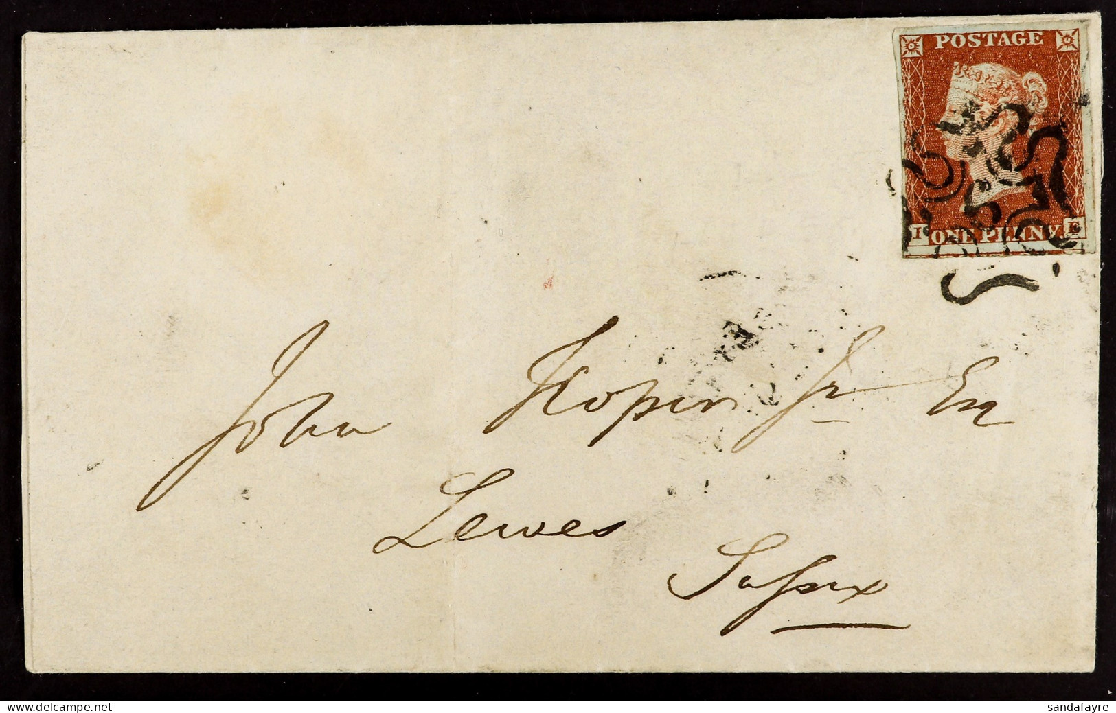 1843 (29 Nov) EL From London To Lewes, Sussex Bearing 1d Red-brown With 4 Good To Huge Margins (shows Portions Of Two Ad - Autres & Non Classés