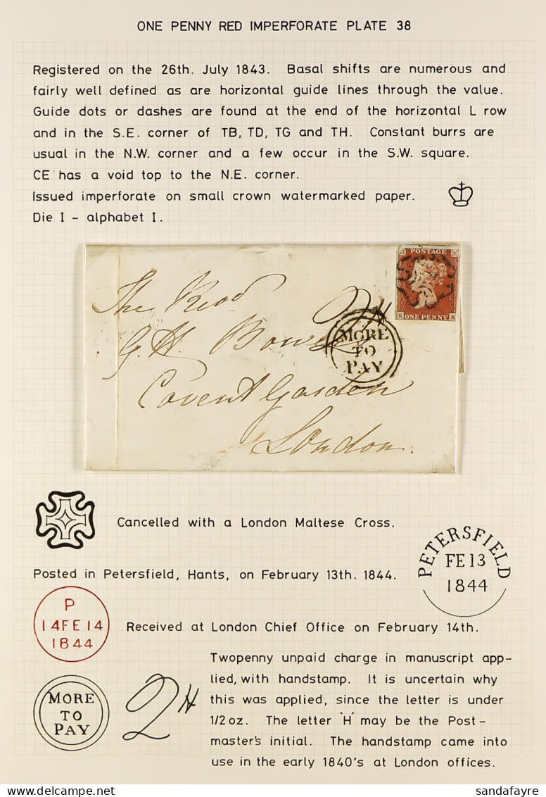 1844 (Feb) Entire Letter Petersfield To London, Bearing 1d Red With Maltese Cross, Circular 'MORE TO PAY' And Manuscript - Other & Unclassified