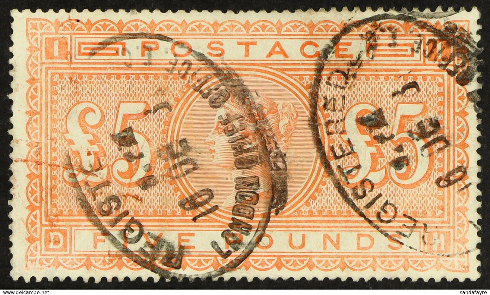 1867-83 Â£5 Orange On Blued Paper, SG 133, Used With Two Registered Oval Cancels, A Small Thin At One Corner. Cat Â£12,5 - Andere & Zonder Classificatie