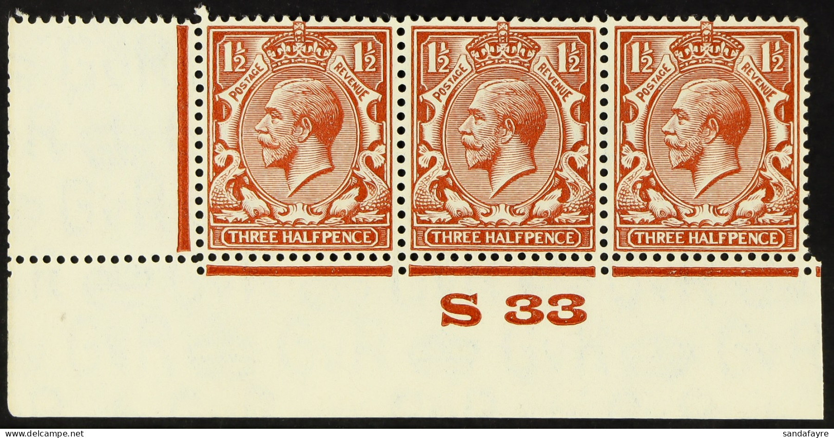 1924 1Â½d Yellow-brown, SG Spec. N35 (8), Lower Left Corner 'S33' Control Strip Of Three, Showing White Spot On Dolphin  - Non Classés