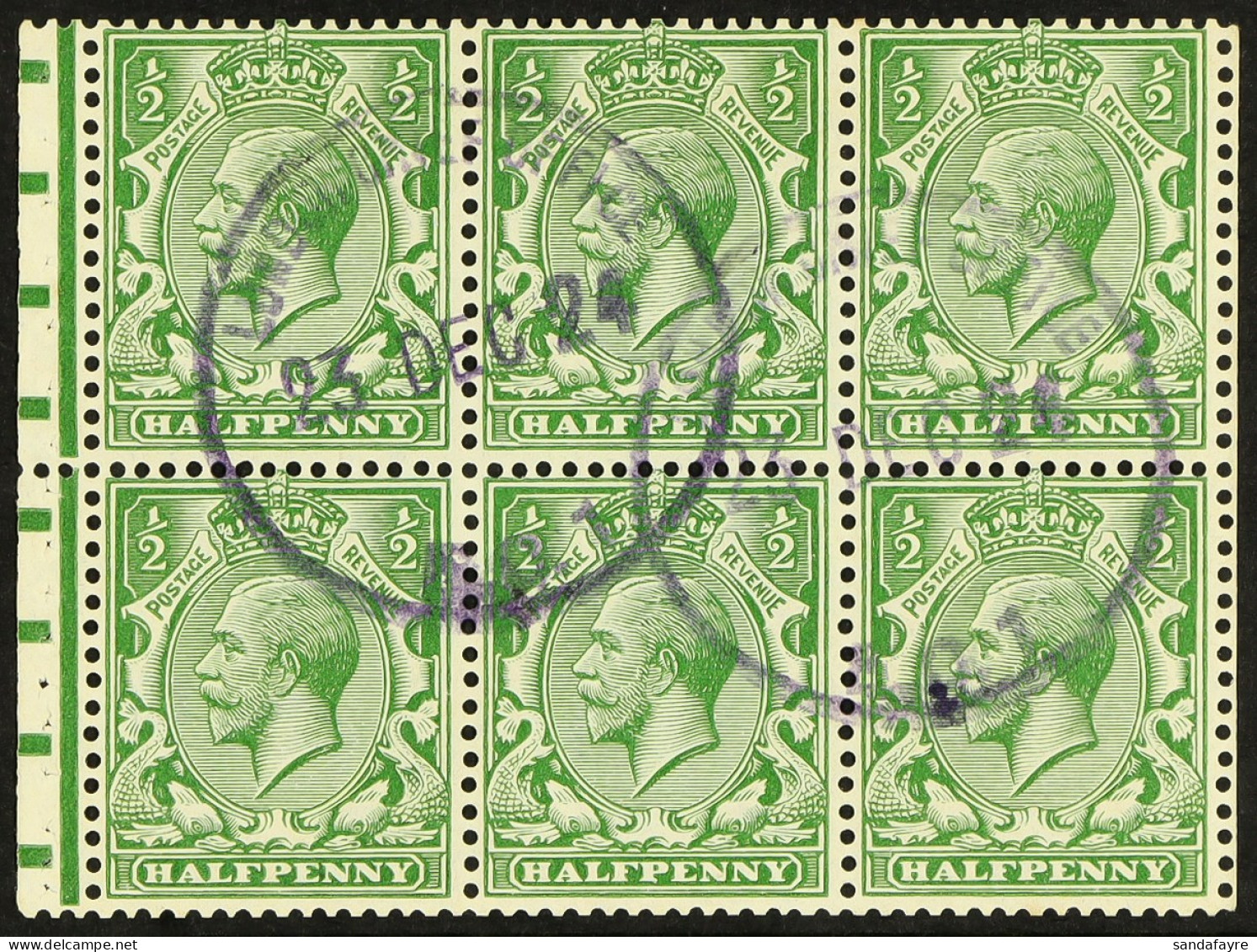 1924 BOOKLET PANE Â½d Pane Of Six With Good Perfs, London Chief Office 23/12/24 Violet Precancel Cds's, SG Spec. NB12z,  - Ohne Zuordnung