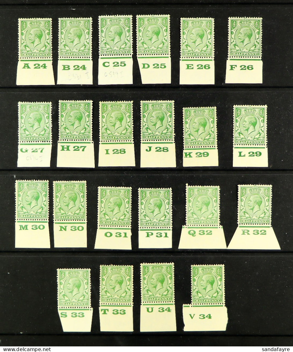 1924-34 Â½d Green, A Complete Set Of Numbered Lower Marginal Controls, A24 - V34, Mint. (22 Stamps) - Zonder Classificatie