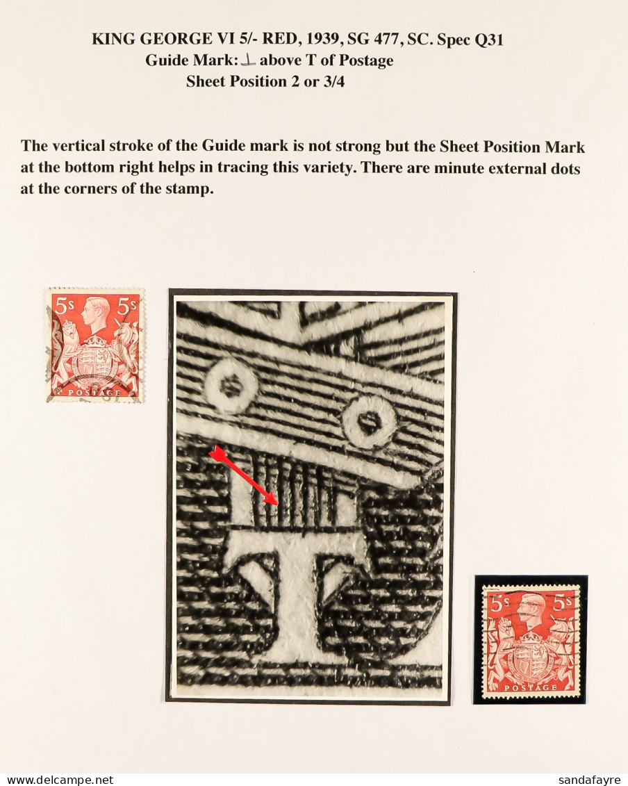 1939 5s Red Small Specialised Collection Of Guide Marks On Used Stamps, On 6 Display Pages, Chiefly Supported Photograph - Unclassified