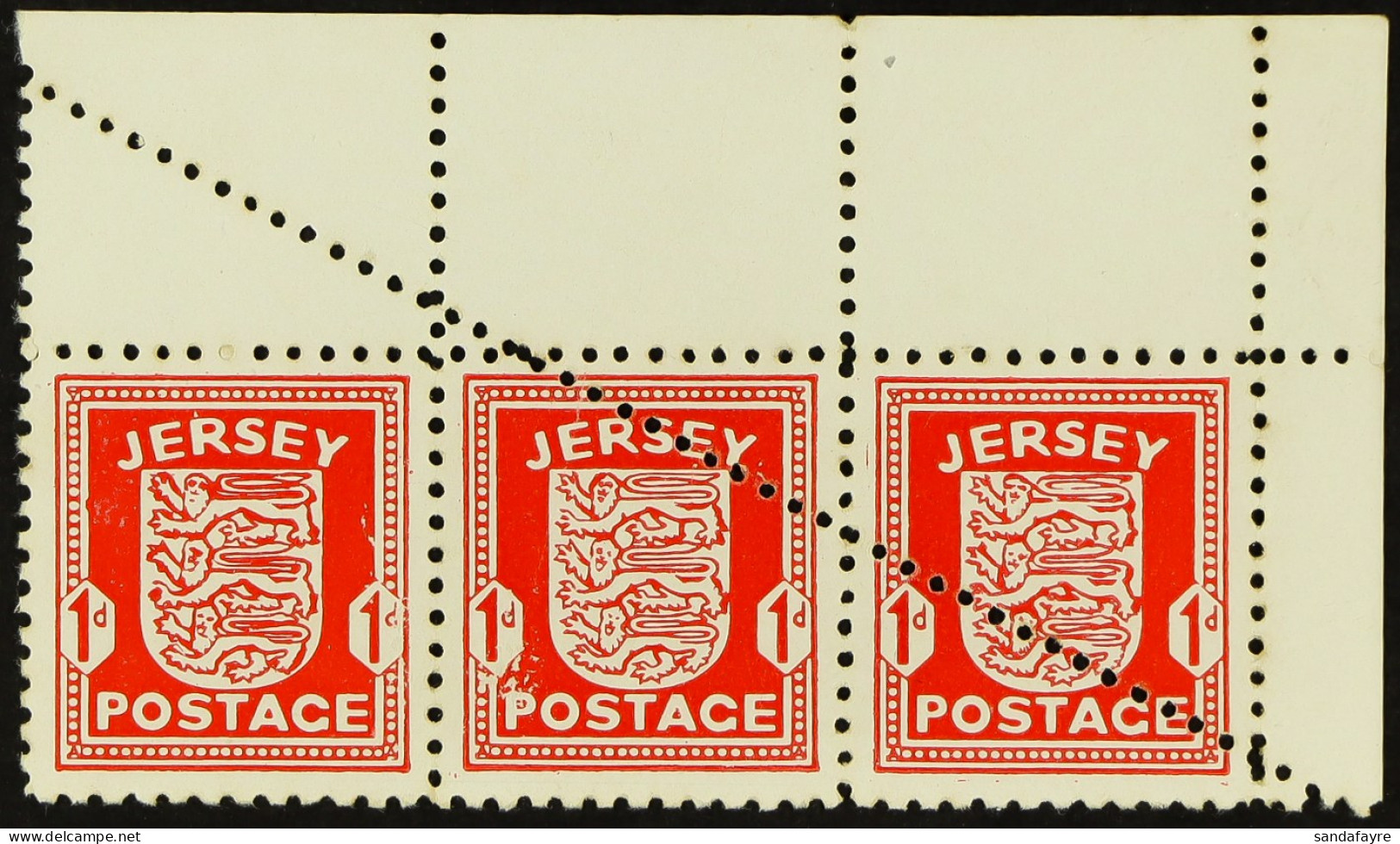 JERSEY 1941 1d Scarlet Strip 3 From The Upper-right Sheet Corner, Shows Dramatic Diagonal Line Of Additional Perforation - Andere & Zonder Classificatie
