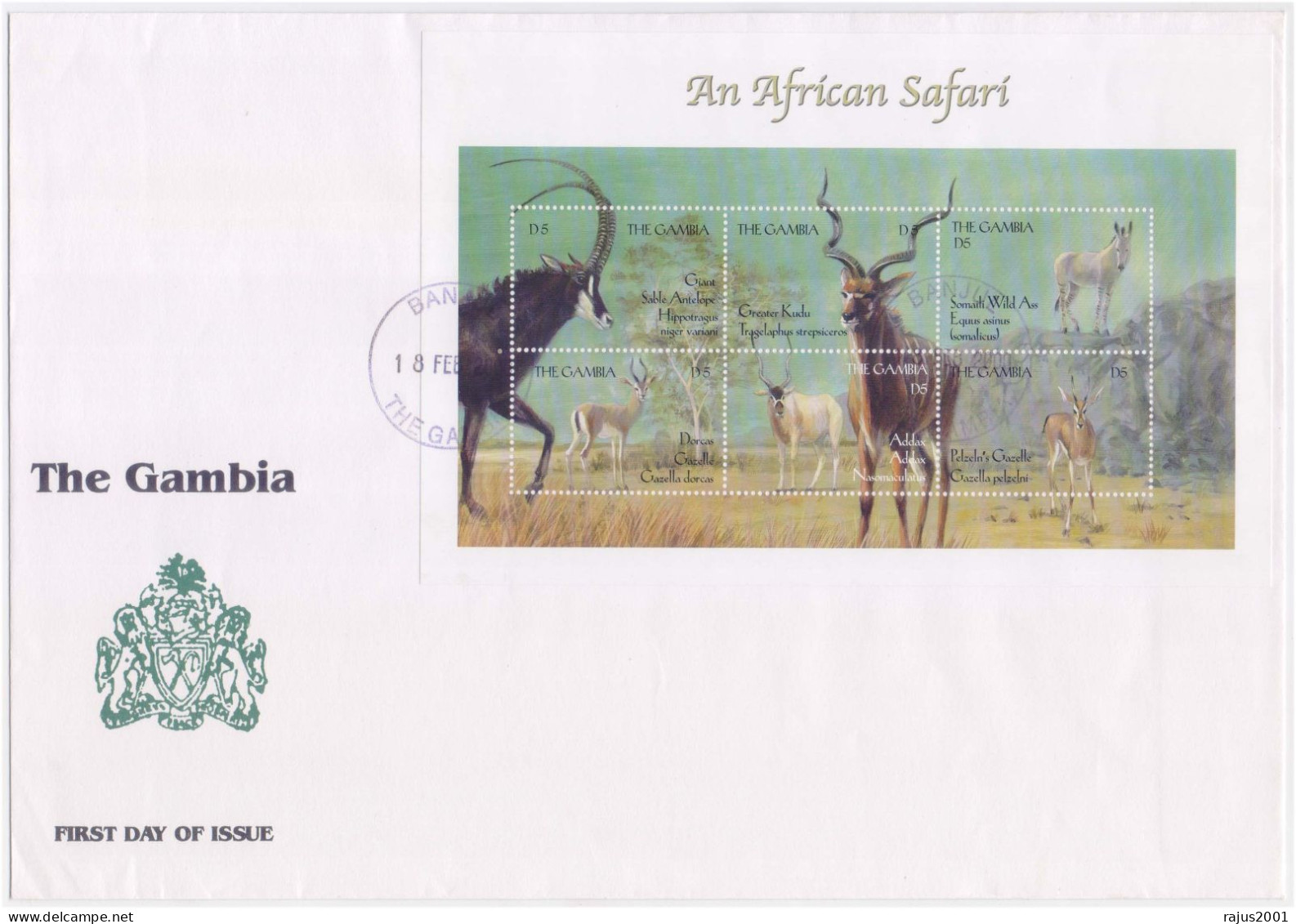 African Safari, Giant Sable Antelope, Greater Kudu, Somaili Wild Ass, Addax, Deer Species, Animal, Sheet FDC Gambia - Donkeys
