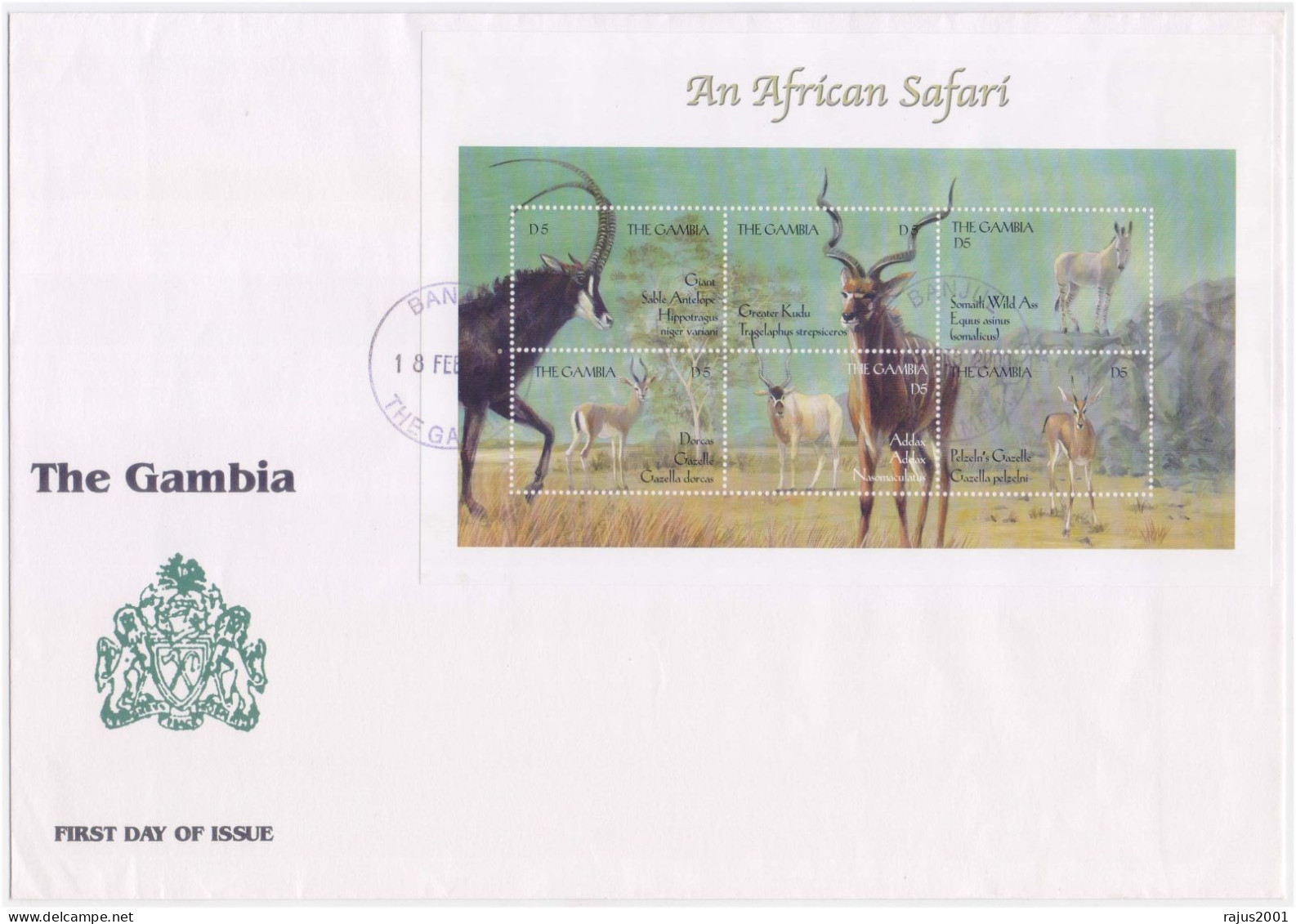 African Safari, Giant Sable Antelope, Greater Kudu, Somaili Wild Ass, Addax, Deer Species, Animal, Sheet FDC Gambia - Esel