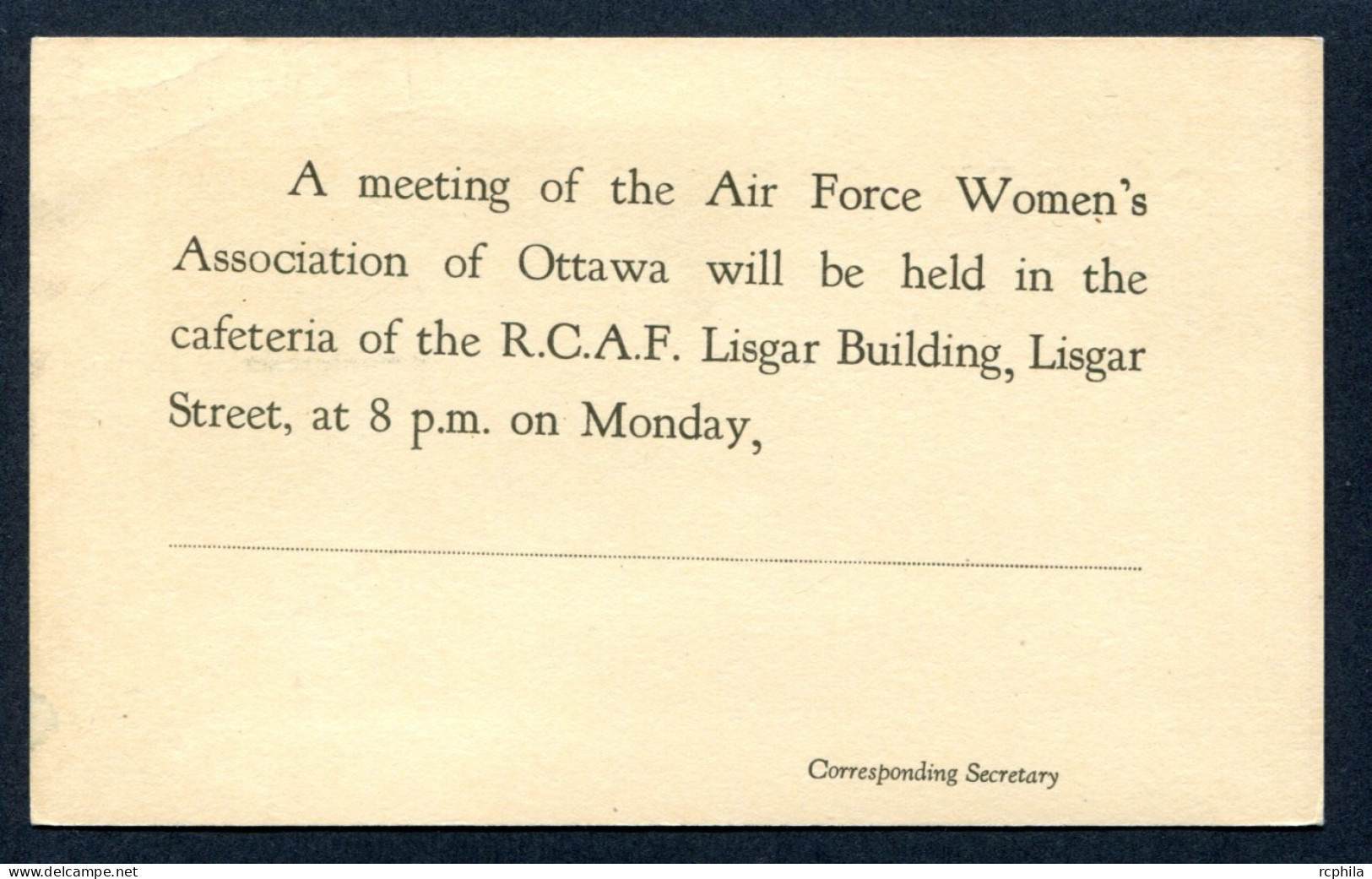 RC 26261 CANADA ENTIER REPIQUÉ AU VERSO : R.C.A.F AIR FORCE WOMEN'S ASSOCIATION OF OTTAWA NEUF - 1903-1954 Könige
