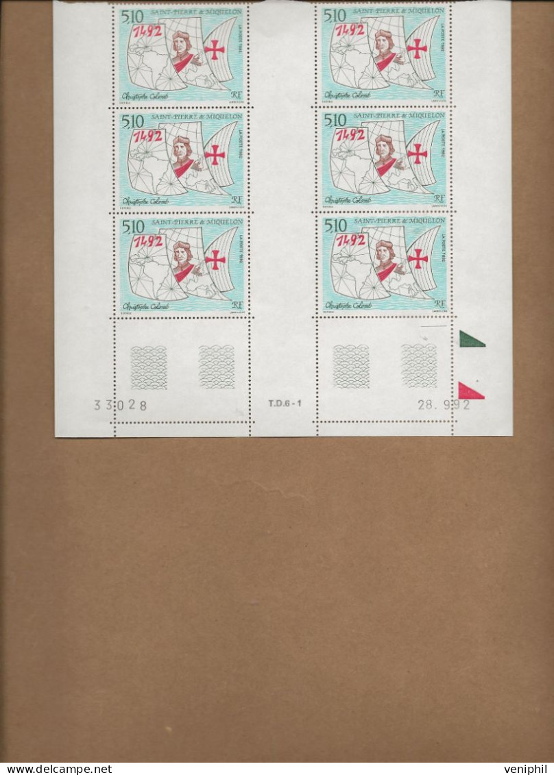 ST PIERRE ET MIQUELON -TIMBRE N° 569 - BLOC DE 6 NEUF XX  ANNEE 1992 - COTE : 15 € - Unused Stamps