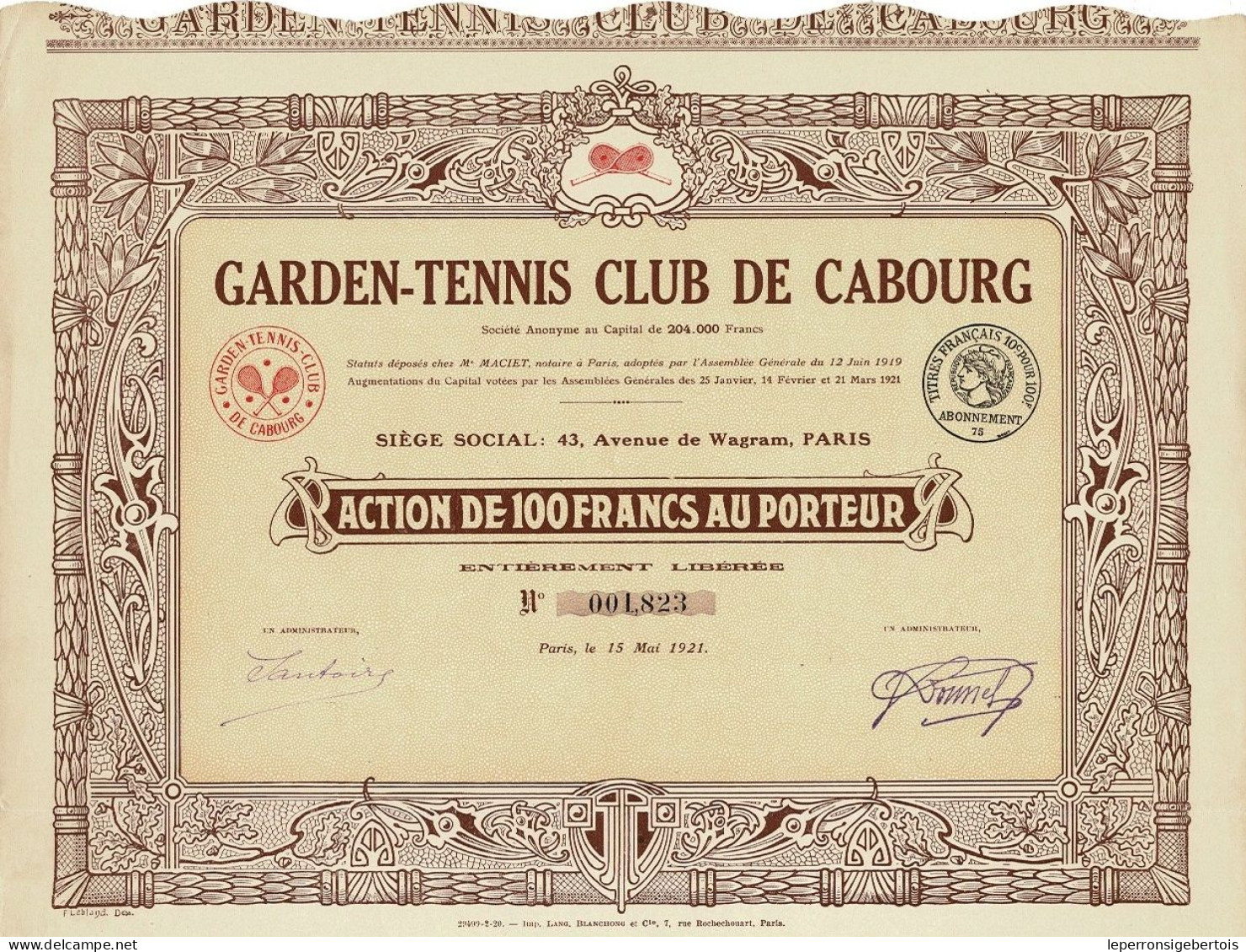 - Titre De 1921 - Garden-Tennis Club De Cabourg - Déco - Sport