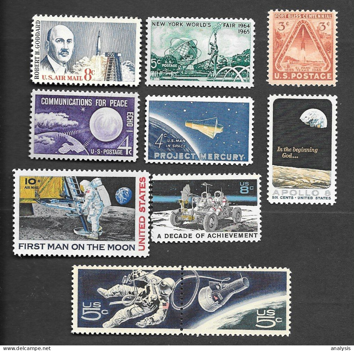 USA Space 9 Stamps MNH. V-2 Rocket Robert Goddard "Apollo 11" "Gemini 4" - United States