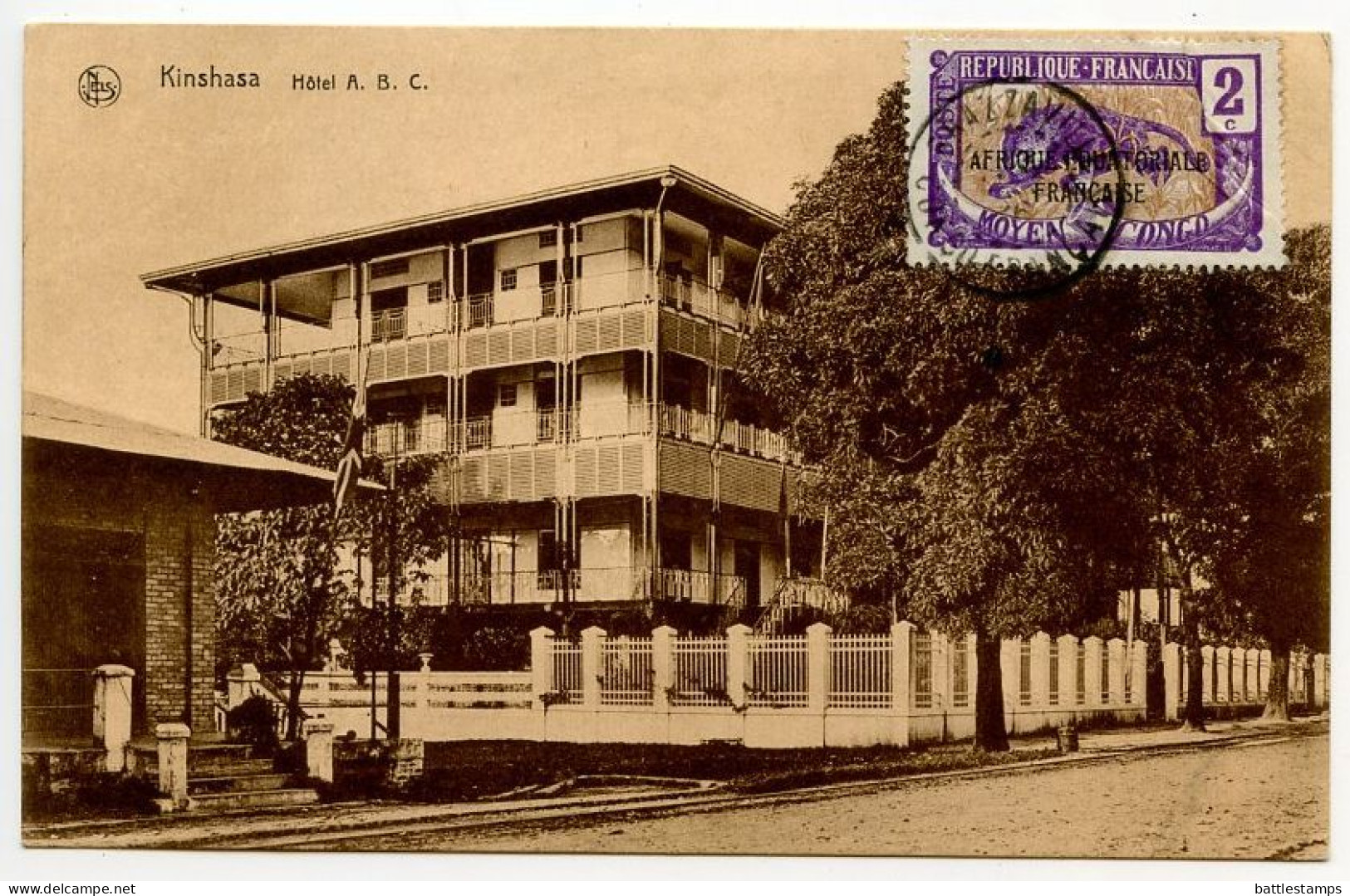 Middle Congo 1926 Postcard Kinshasa - Hotel A.B.C.; Leopard Stamp / Brazzaville Postmark - Kinshasa - Léopoldville