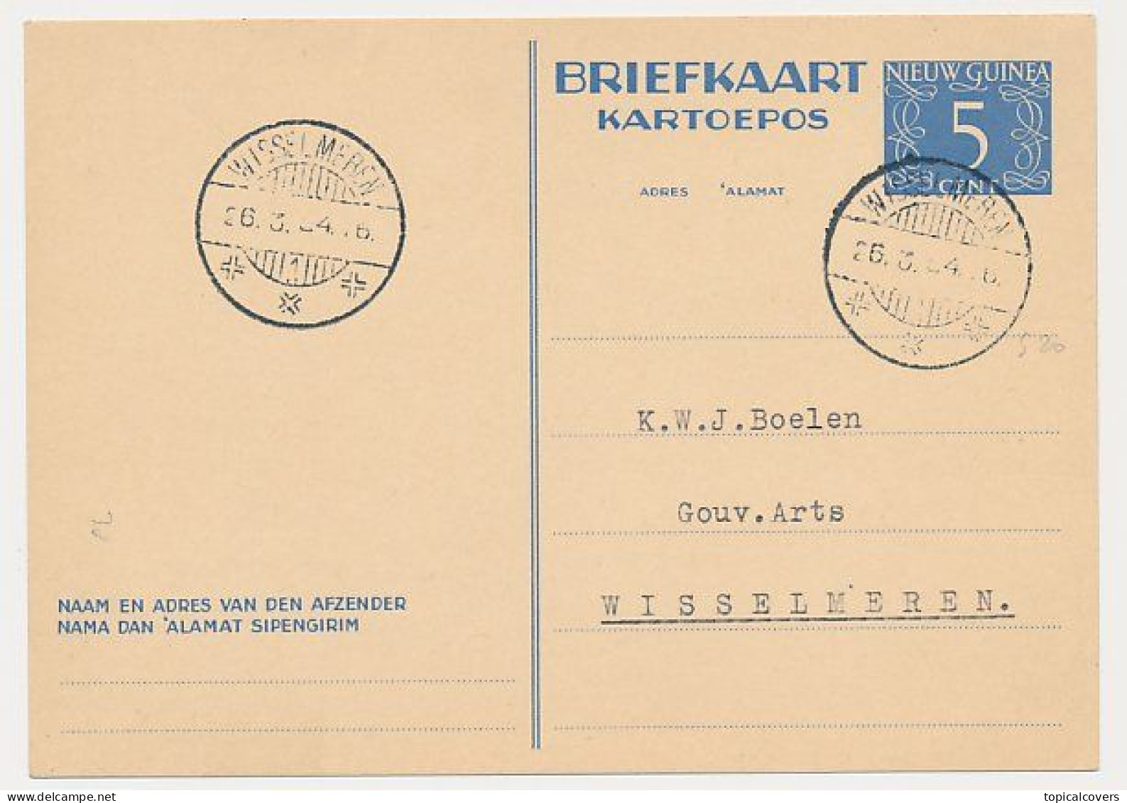 Nederlands Nieuw Guinea / NNG - Briefkaart G. 1 Wisselmeren 1954 - Niederländisch-Neuguinea