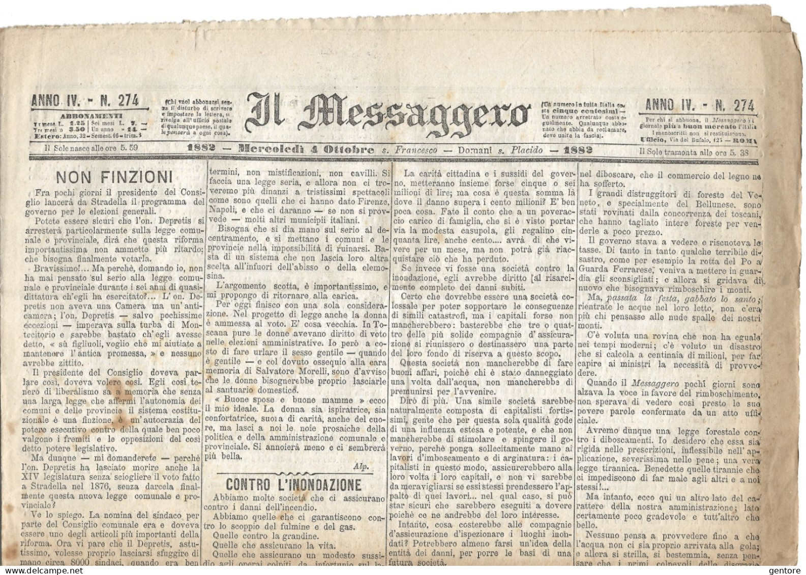 IL MESSAGGERO ANNO IV 11 numeri dal 25 Settembre al 9 Ottobre 1882 ORIGINALI in BUONE CONDIZIONI