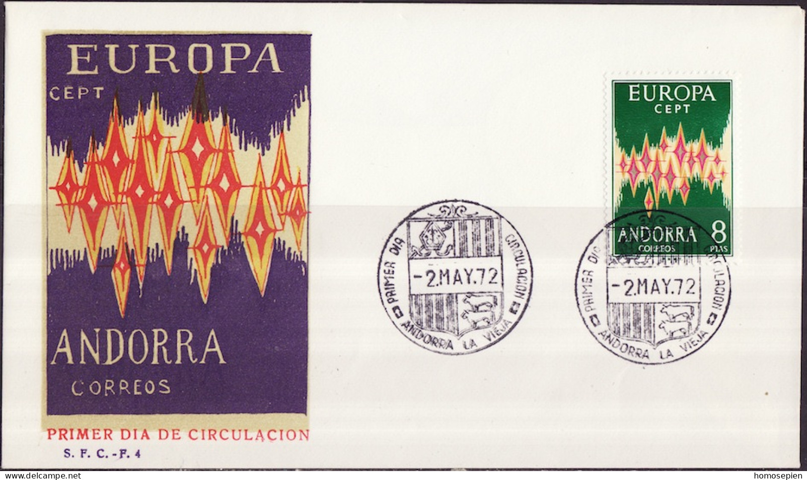 Europa CEPT 1972 Andorre Espagnol - Andorra FDC1 Y&T N°64A - Michel N°71 - 8p EUROPA - 1972