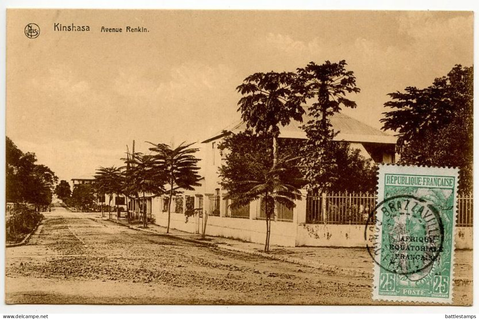 Congo 1920's Postcard Kinshasa - Avenue Renkin; Middle Congo Bakalois Woman Stamp / Brazzaville Postmark - Kinshasa - Leopoldville (Leopoldstadt)
