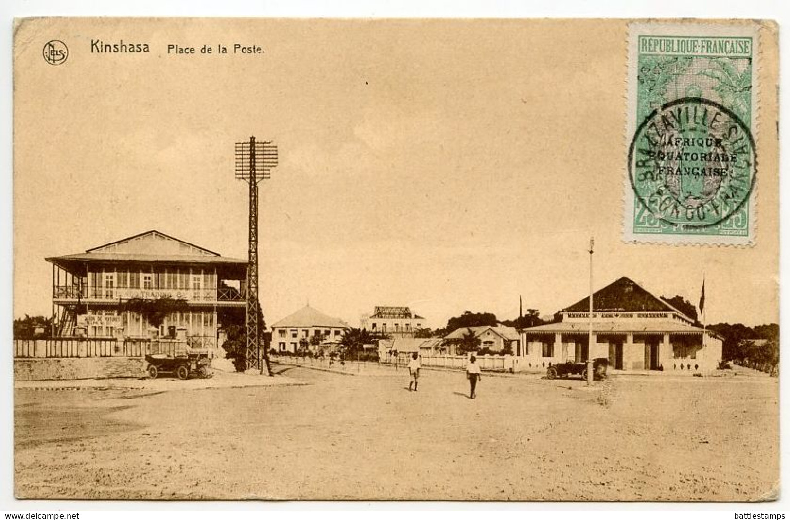 Congo 1920's Postcard Kinshasa - Place De La Poste; Middle Congo Bakalois Woman Stamp / Brazzaville Postmark - Kinshasa - Léopoldville