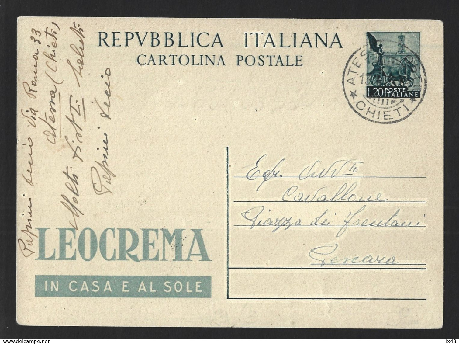 'Leocrema' Stationery Postcard. Circulated In 1953 From Atessa, Chieti, Italy To Pescara.Stamp Palatine Hill. Horse Carr - Pharmacy