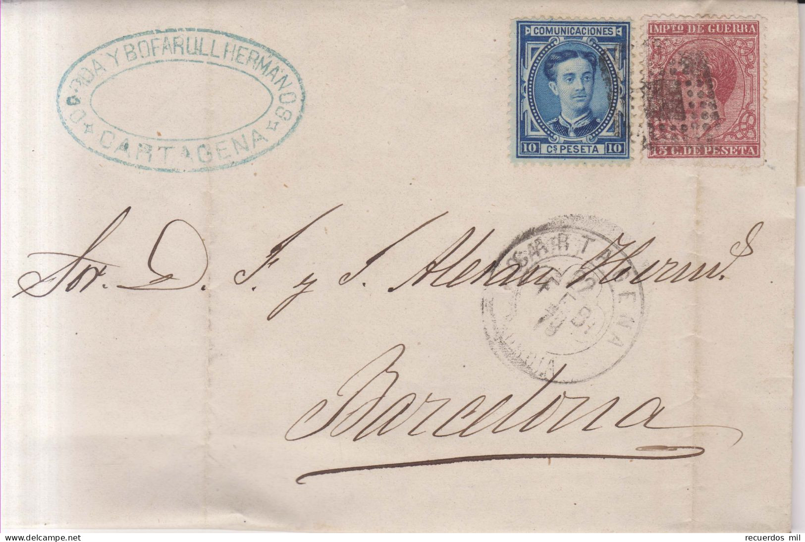 Año 1876 Edifil 175-188 Carta Matasellos Rombo  Cartagena Murcia Dorda Y Bofarull - Storia Postale