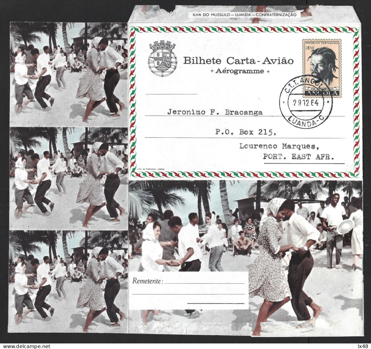 Semba /Sanza Dance From Angola. Stationery Airgram Circulated From Angola To Mozambique 1964. Mussulo Island Confraterni - Angola