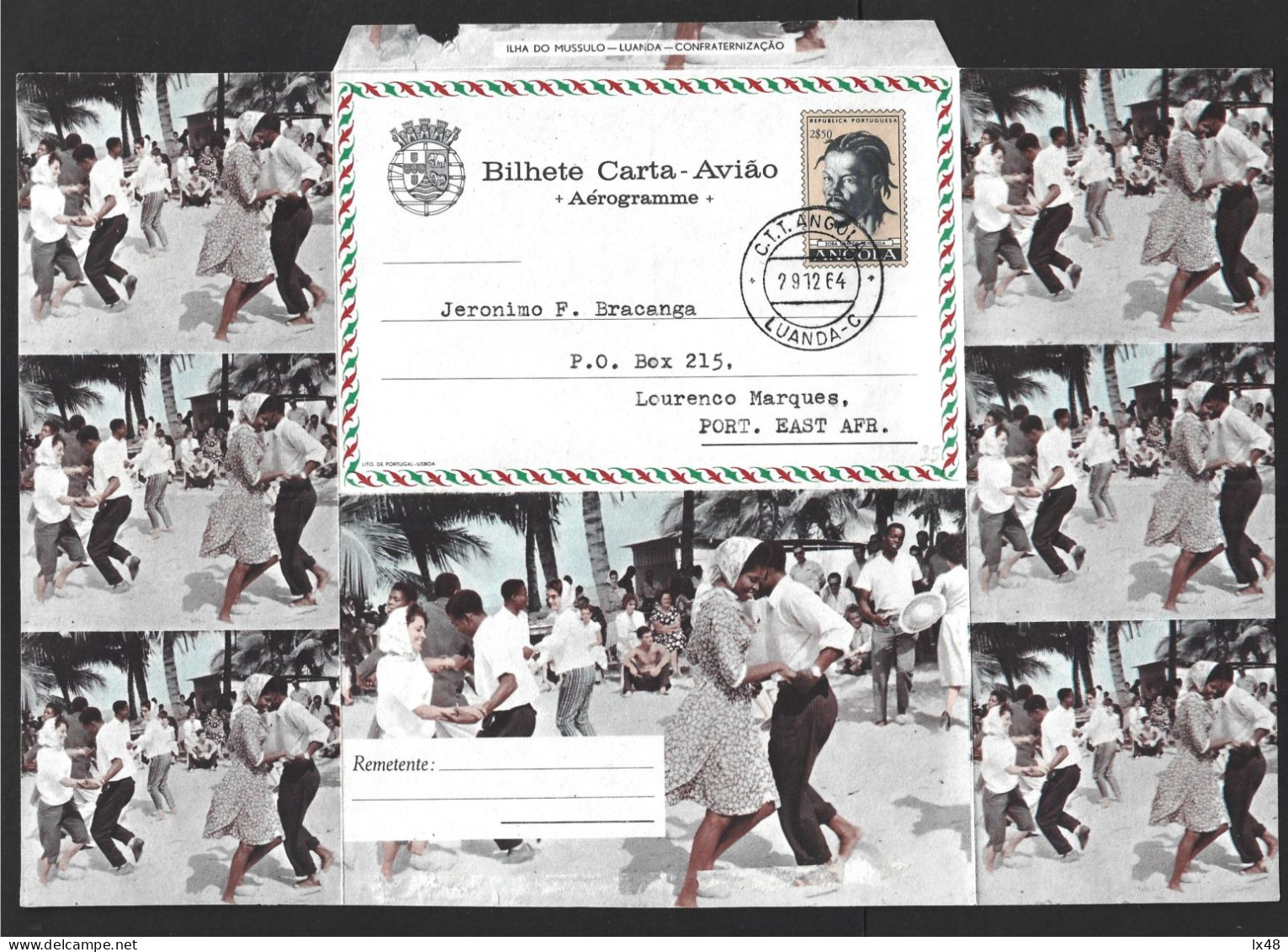 Semba /Sanza Dance From Angola. Stationery Airgram Circulated From Angola To Mozambique 1964. Mussulo Island Confraterni - Angola