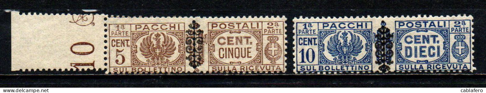 ITALIA LUOGOTENENZA - 1945 - STEMMA E CIFRA CON FREGIO NERO SUI FASCI - 5 E 10 Cent. - MNH - Postpaketten