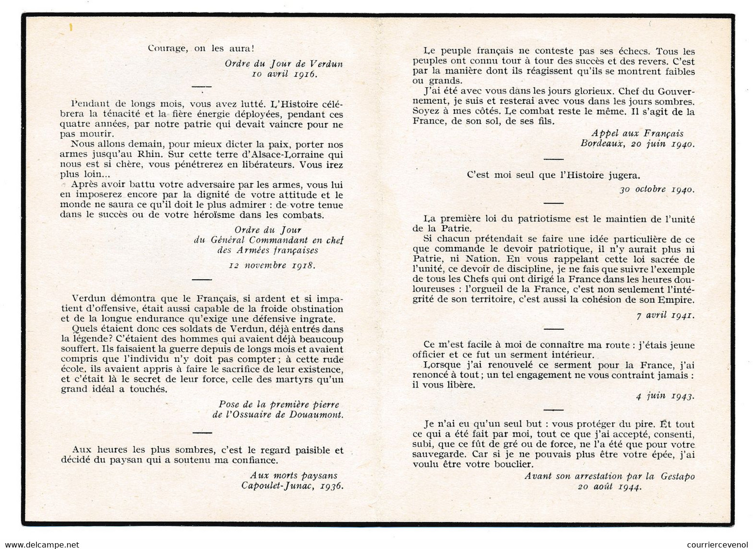 Décès De Philippe PETAIN, "Resquiescat In Pace" - 4 Pages Format 8 Cm X 11,5 Cm - Documents Historiques