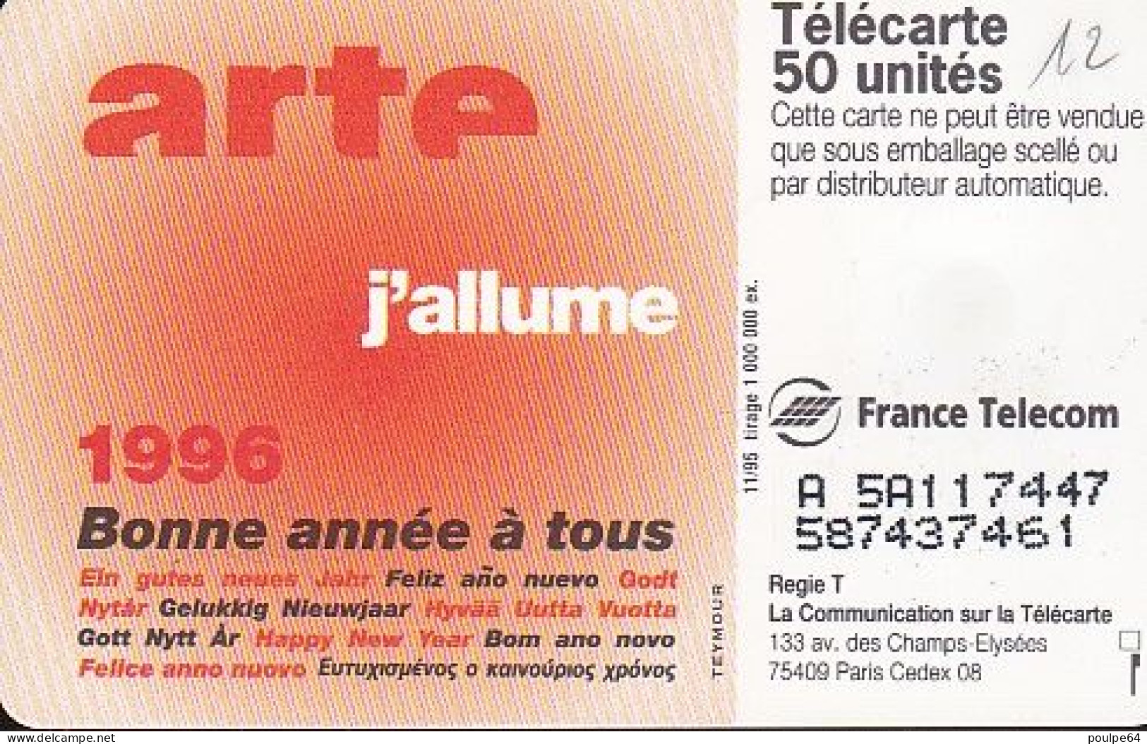 F601 - 11/1995 - ARTE - 50 SO3 - (verso : N° Deux Lignes - 2ème Ligne Décalées Vers La Gauche Sous Le A) - 1995