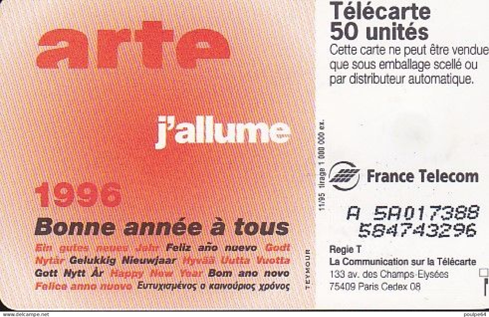 F601 - 11/1995 - ARTE - 50 SO3 - (verso : N° Penchés Deux Lignes - 2ème Ligne Décalées Vers La Droite) - 1995