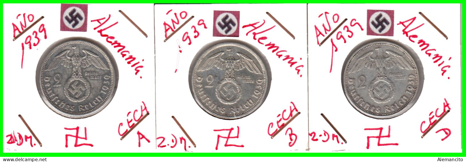 GERMANY - ALEMANIA DEUTFCHES REICH 3 MONEDAS DE 2.00 REICHSMARK AÑO 1939 MONEDAS DE PLATA - 25 MM.  HINDENBURG - 2 Reichsmark