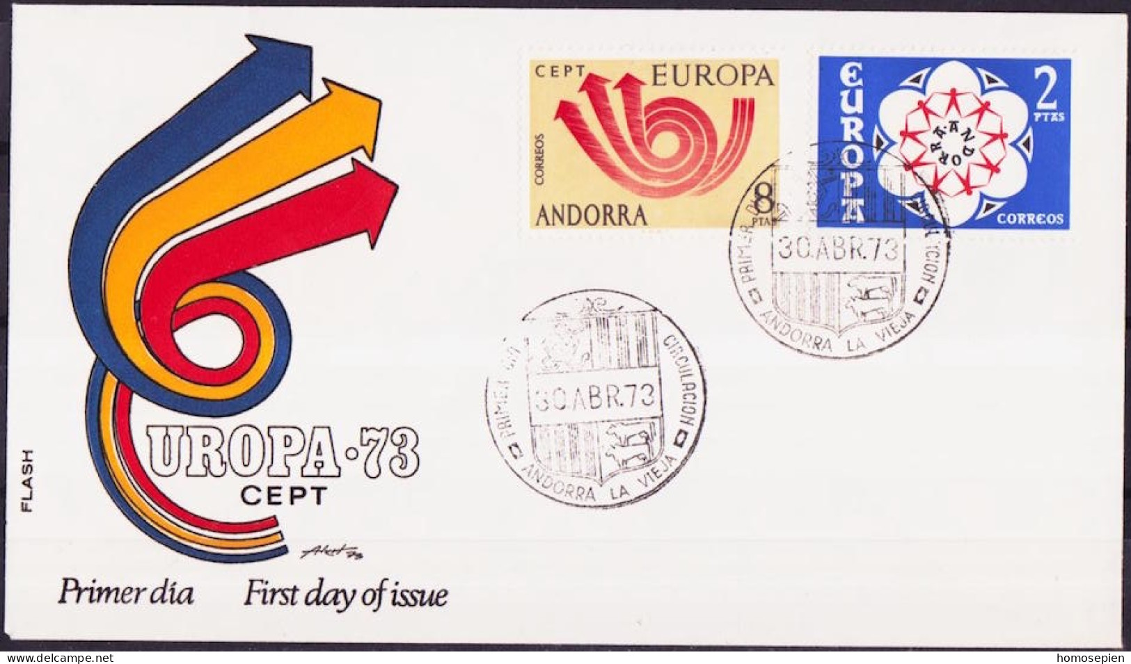 Europa CEPT 1973 Andorre Espagnol - Andorra FDC1 Y&T N°77 à 78 - Michel N°84 à 85 - 1973