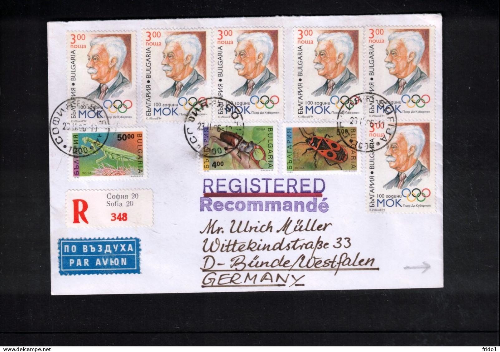 Bulgaria 1996 Century Of IOC-Pierre De Coubertin + Insects Interesting Registered Letter - Storia Postale