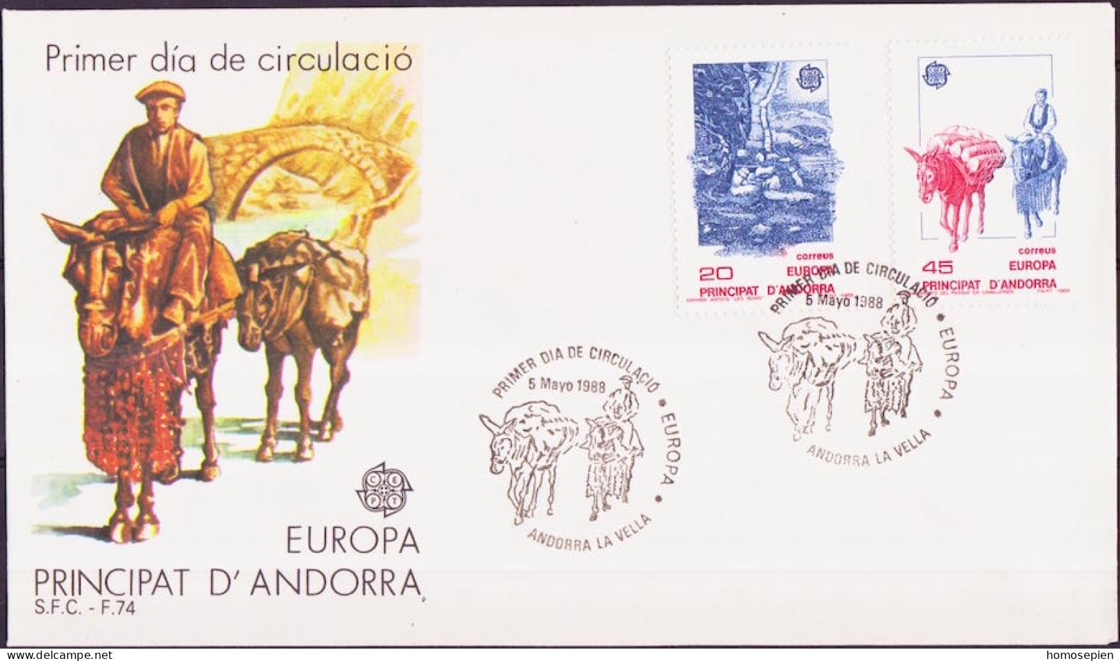 Andorre Espagnol - Andorra FDC1 1988 Y&T N°190 à 191 - Michel N°200 à 201 - EUROPA - Lettres & Documents