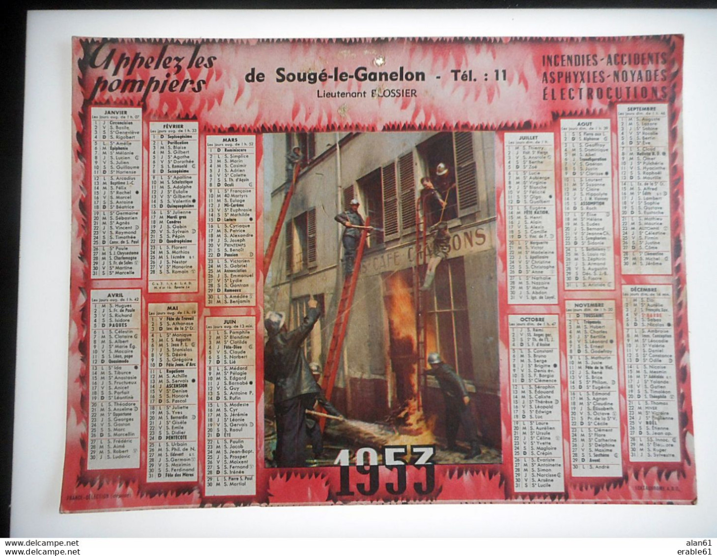 CALENDRIER Format 20 PAR 26 CMS Année 1953 POMPIERS DE SOUGE LE GANELON - Grand Format : 1941-60