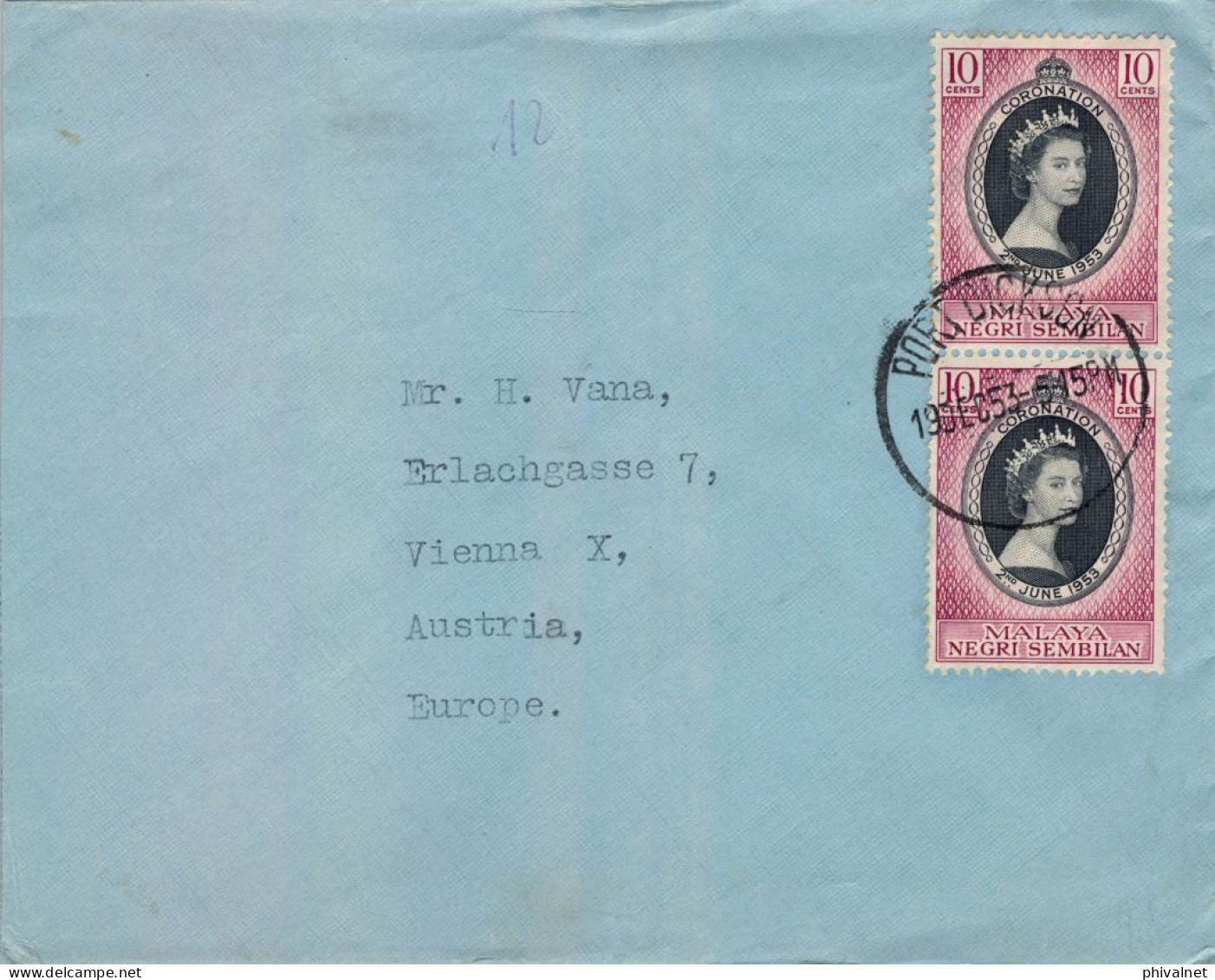 1953 MALAYA / NEGRI SEMBILAN , SOBRE CIRCULADO , PORT DICKSON - VIENA , CORONACIÓN ISABEL II - Negri Sembilan