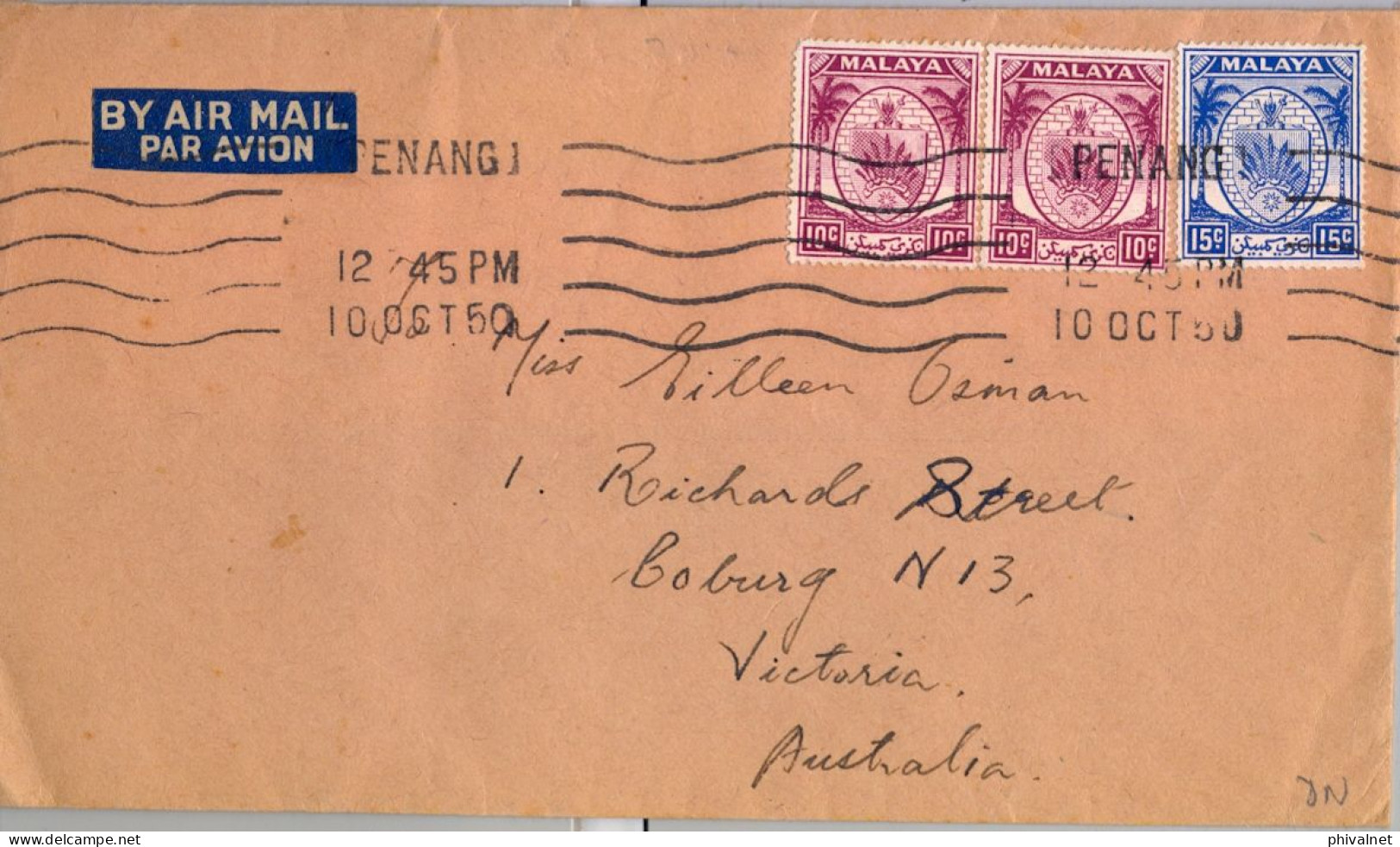 1950 MALAYA , CORREO AÉREO , SOBRE CIRCULADO , PENANG - VICTORIA ( AUSTRALIA ) - Penang