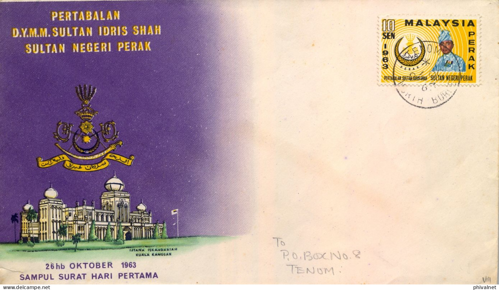 1963 MALAYA , SOBRE CONMEMORATIVO , SULTAN OF PERAK - Perak