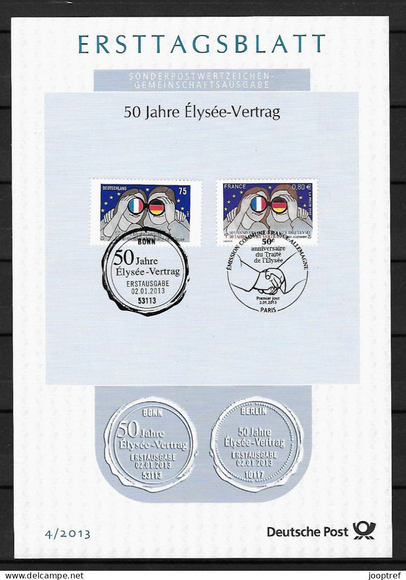 2013 Joint/Commune Germany And France, MIXED FDC FIRSTDAY LEAF BOTH STAMPS: Elysee Treaty - Gezamelijke Uitgaven