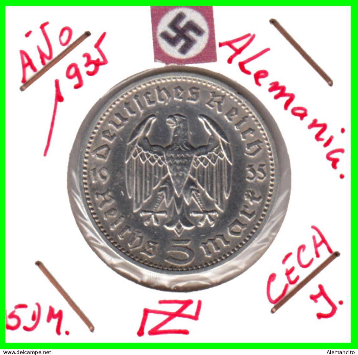 GERMANY - ALEMANIA DEUTFCHES REICH  MONEDA DE 5.00 REICHSMARK AÑO 1935-F DE PLATA - 29 MM.  HINDENBURG –AGUILA  CECA-J - 5 Reichsmark