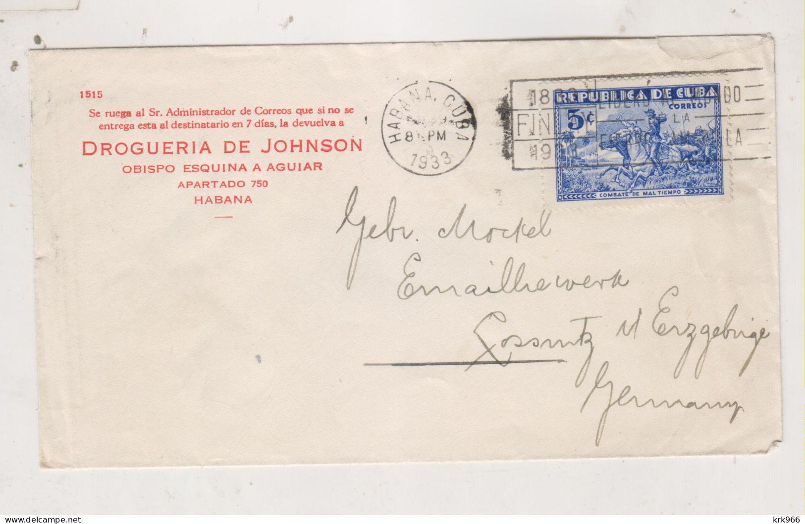 CUBA  HAVANA LA HABANA 1933  Cover To Germany - Storia Postale