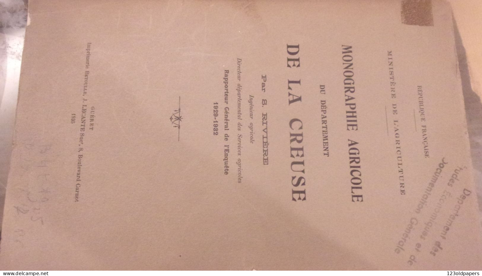CREUSE 1935 S RIVIERE MONOGRAPHIE AGRICOLE DU DEPARTEMENT DE LA CREUSE  ENQUETE DE 1929 A 1932