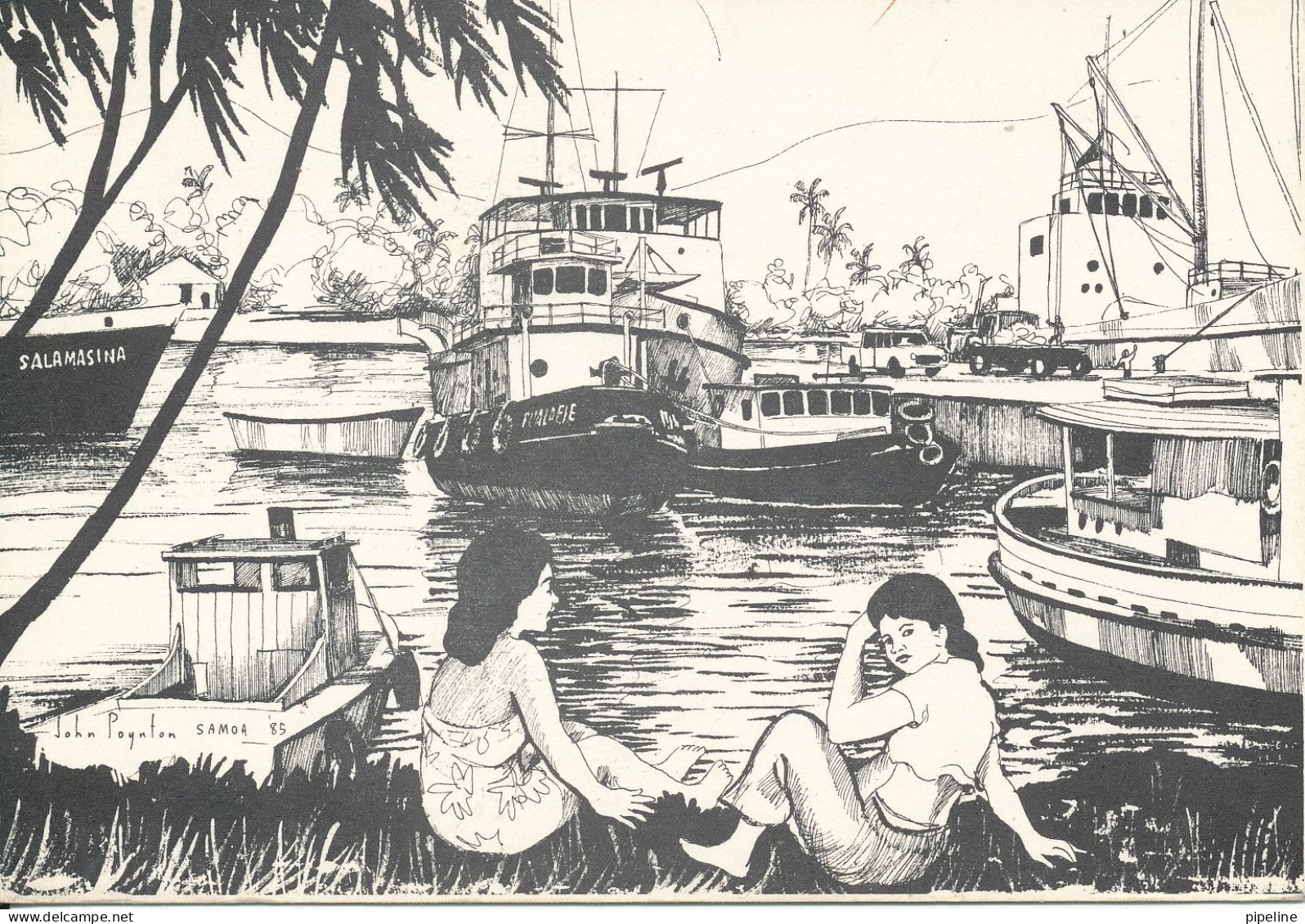 Samoa Postcard Sent To Denmark 3-1-1982 From An Original Pen Drawing By John Poynton - Samoa