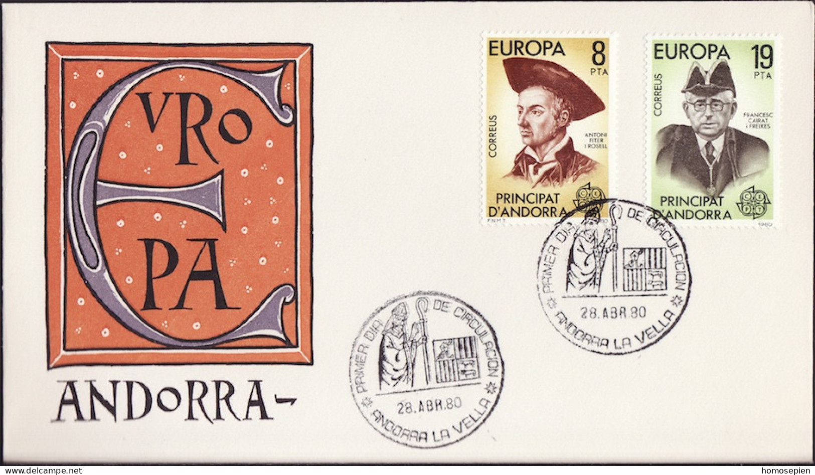 Andorre Espagnol - Andorra FDC4 1980 Y&T N°124 à 125 - Michel N°131 à 132 - EUROPA - Lettres & Documents