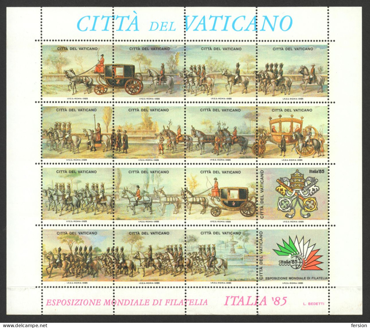 ITALY 1985 Philatelic Exhibition LABEL CINDERELLA VIGNETTE Memorial Sheet - VATICAN - Guard Pope Military Horse Coach - Altri & Non Classificati