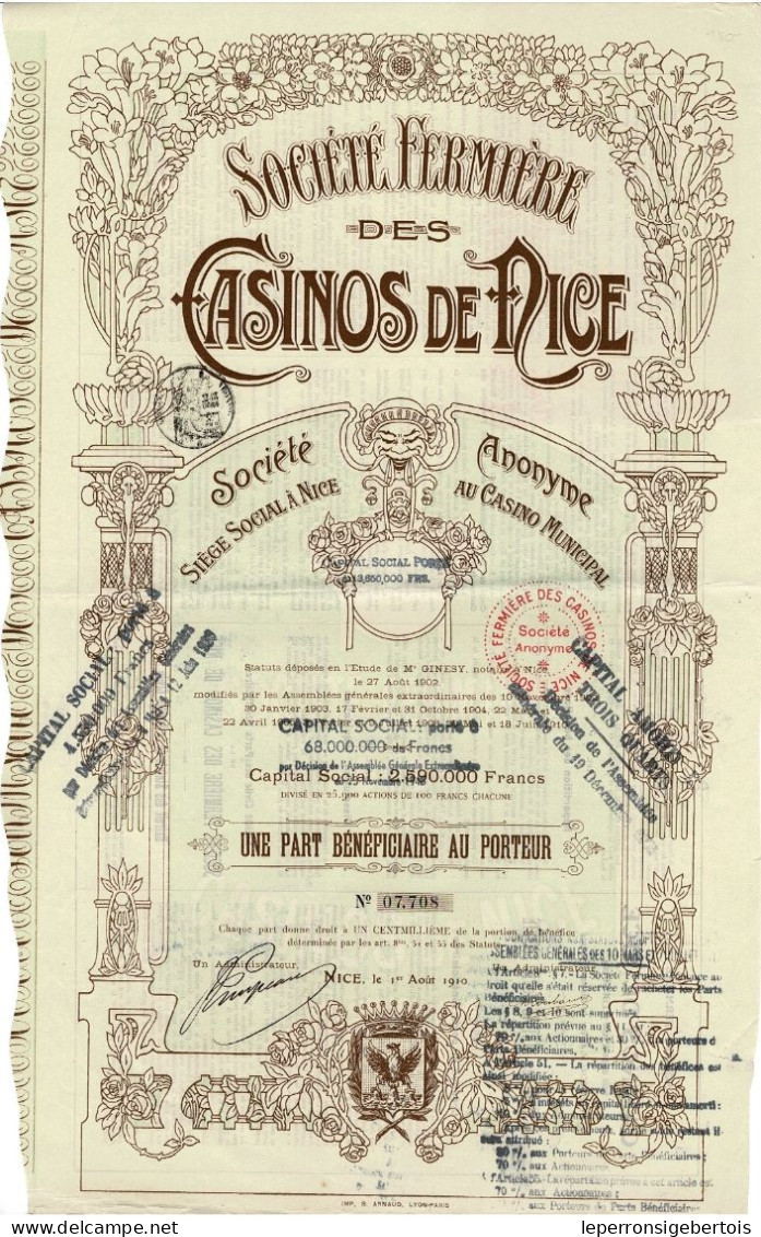 - Titre De 1910 - Société Fermière Des Casinos De Nice - Société Anonyme -Déco - Imprimerie B. Arnaud - - Casino