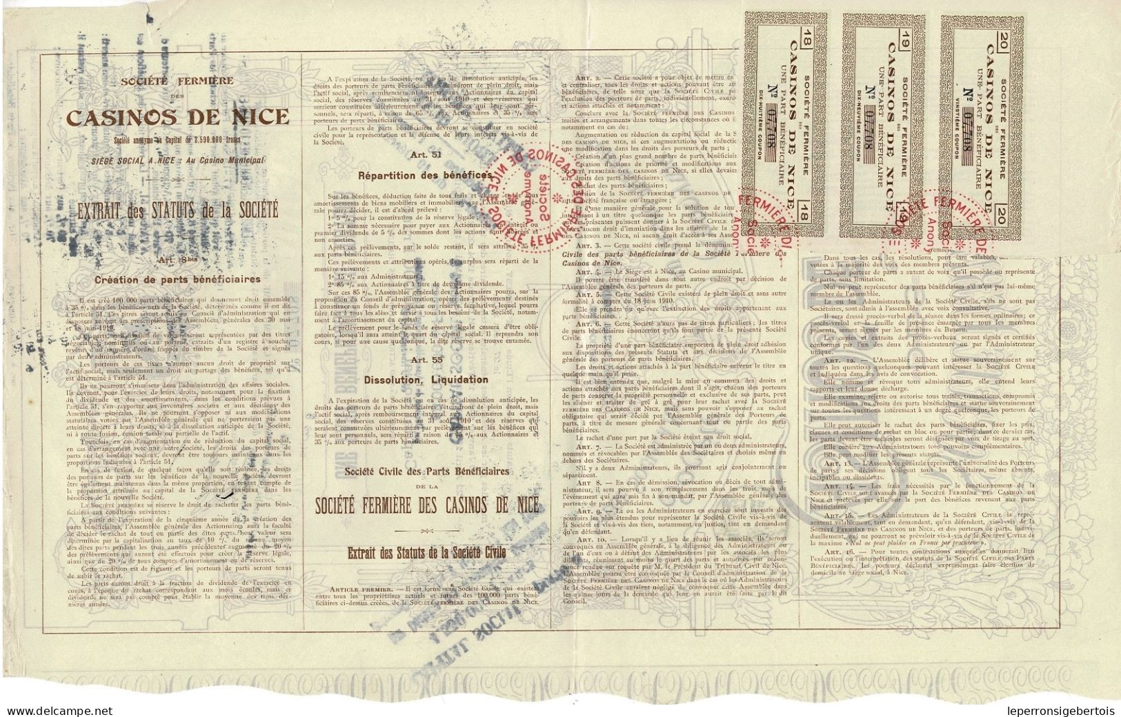 - Titre De 1910 - Société Fermière Des Casinos De Nice - Société Anonyme -Déco - Imprimerie B. Arnaud - - Casino